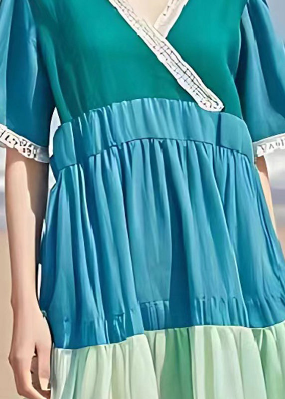 Blue V Neck Patchwork Wrinkled Linen Dress Summer