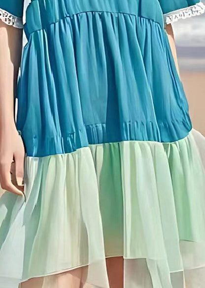 Blue V Neck Patchwork Wrinkled Linen Dress Summer