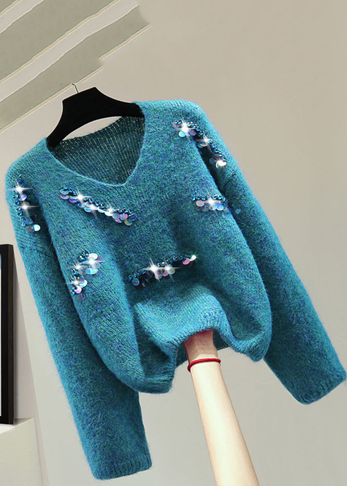 Blue V Neck Sequins Thick Cotton Knit Sweater Winter