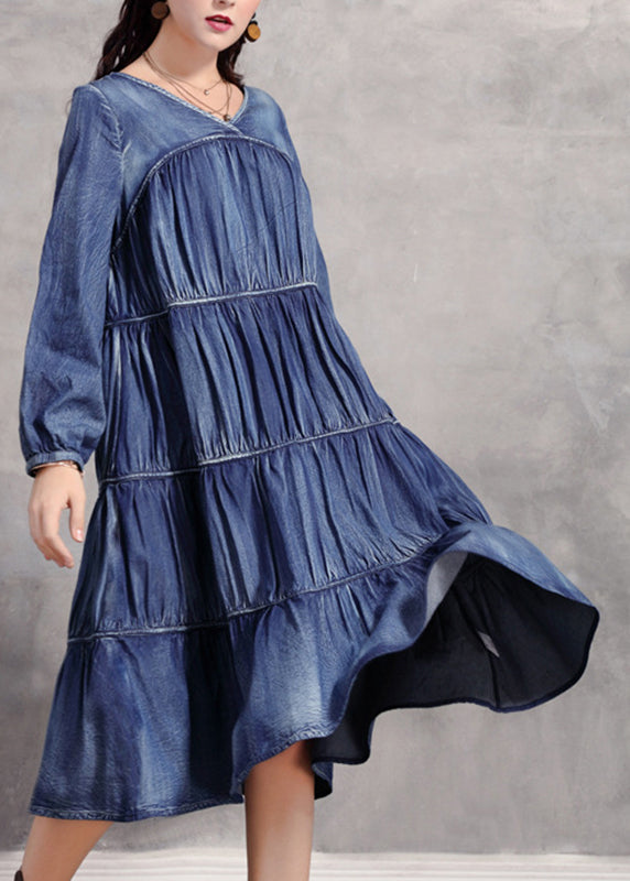 Blue V Neck Wrinkled Patchwork Denim Long Dress Long Sleeve