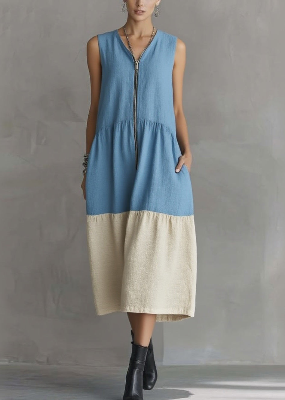 Blue Vacation Maxi Dresses Zippered Patchwork Summer