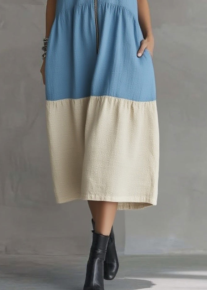 Blue Vacation Maxi Dresses Zippered Patchwork Summer
