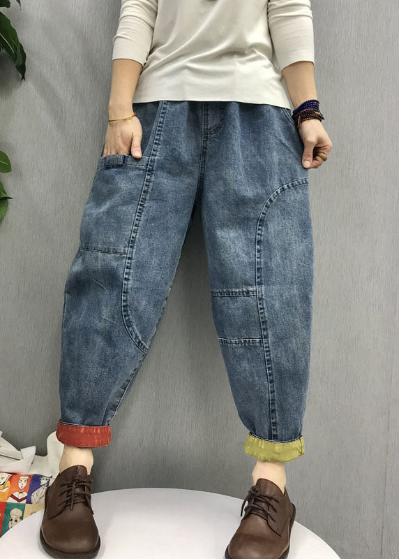 Blue Elastic Waist Pockets Denim Pants Spring