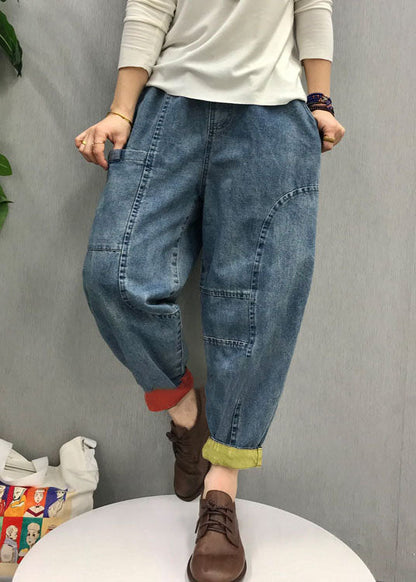 Blue Elastic Waist Pockets Denim Pants Spring