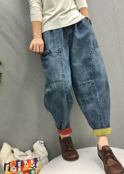 Blue Elastic Waist Pockets Denim Pants Spring