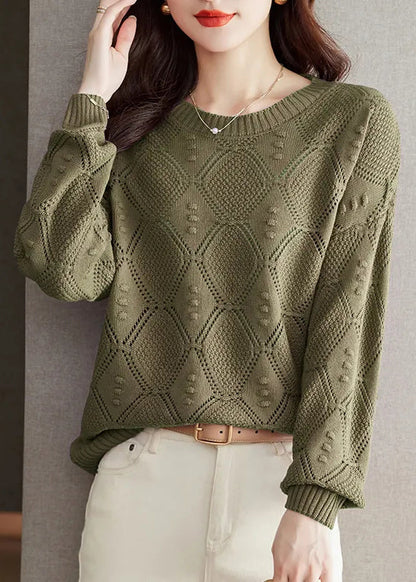 Brick Red O Neck Hollow Out Knitted Tops Fall