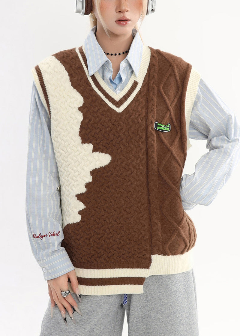 Brown Asymmetrical Warm Knit Sweater Tops Winter