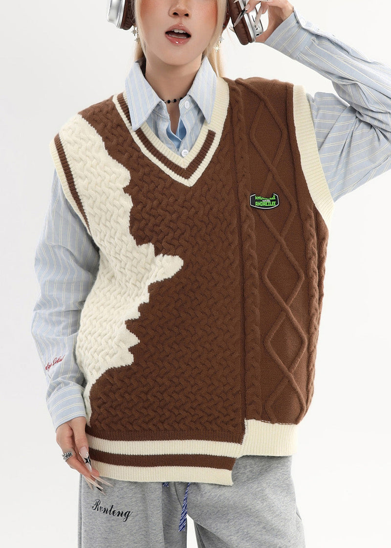 Brown Asymmetrical Warm Knit Sweater Tops Winter