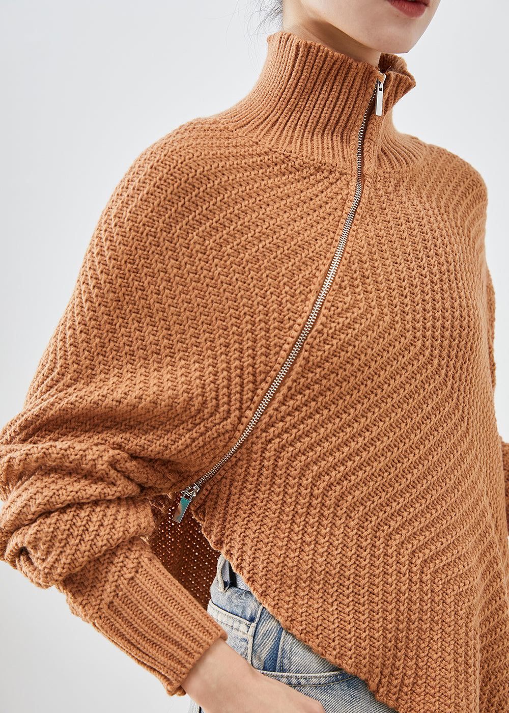 Brown Asymmetrical Zippered Knit Pullover Winter