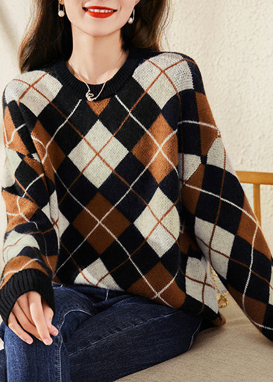 Brown Chocolate Colour Print Woolen Knit Sweatshirts Long Sleeve