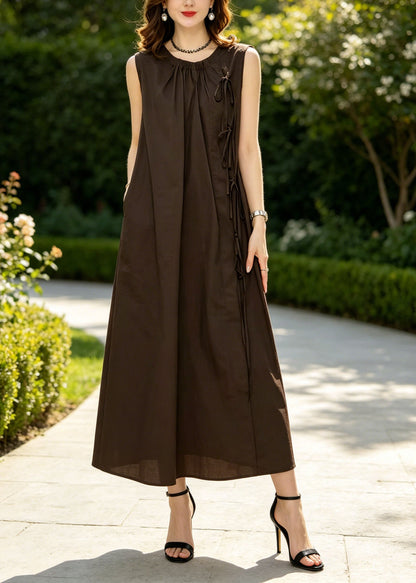 Brown Lace Up Wrinkled Cotton Vacation Dresses Sleeveless