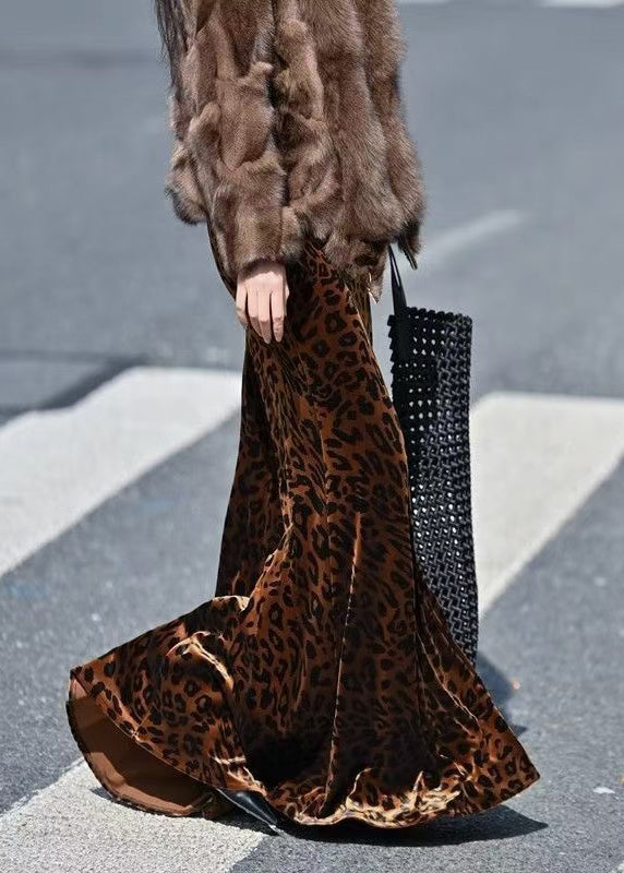 Brown Leopard Print Exra Large Hem Silk Velvet Skirts Spring