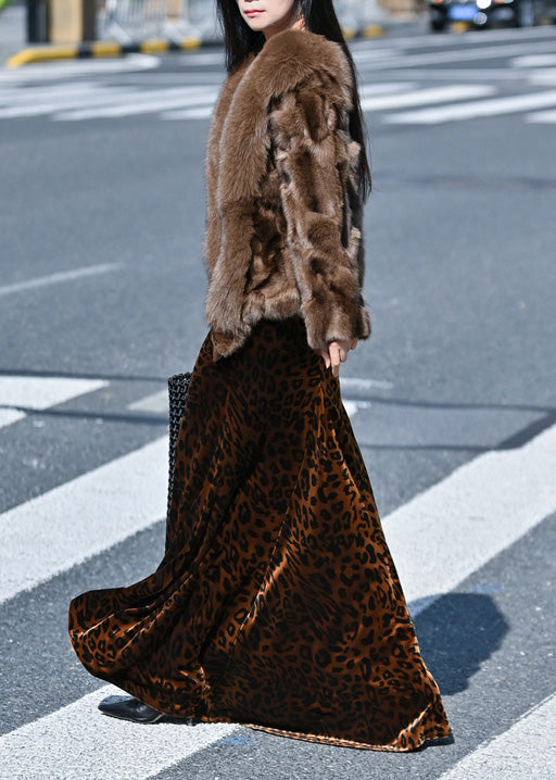 Brown Leopard Print Exra Large Hem Silk Velvet Skirts Spring