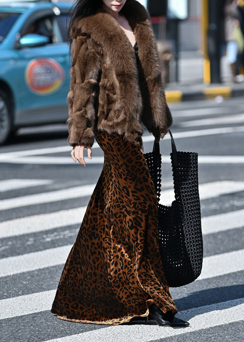 Brown Leopard Print Exra Large Hem Silk Velvet Skirts Spring