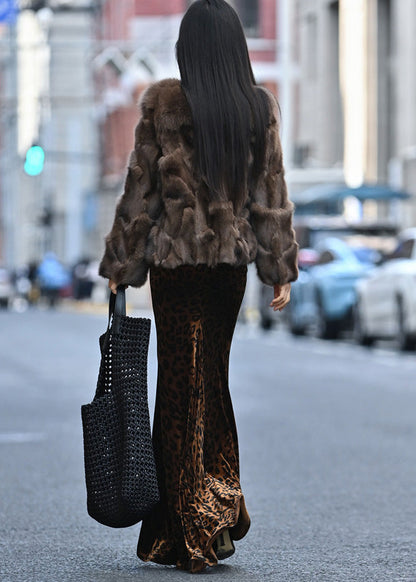 Brown Leopard Print Exra Large Hem Silk Velvet Skirts Spring