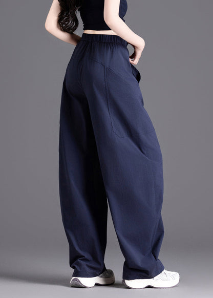 Brown Pockets Elastic Waist Cotton Pants Spring