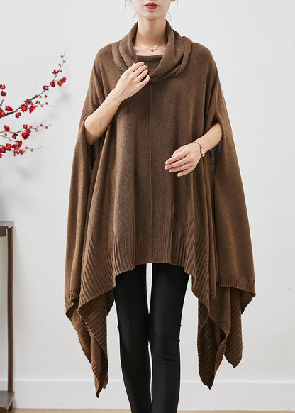 Brown Turtle Neck Asymmetrical Exra Large Hem Knit Sweater Dress Cloak Sleeves