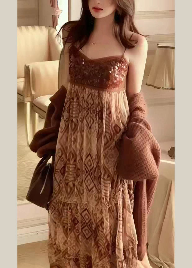 Brown V Neck Knit Cardigans and Long Spaghetti Strap Dress Two Piece Set Spring