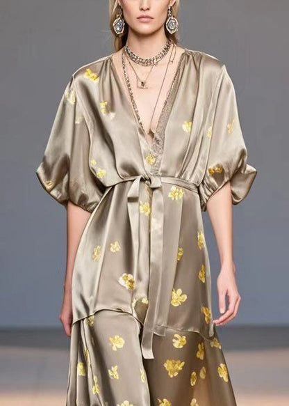 Brown V Neck Print Silk Dress Summer