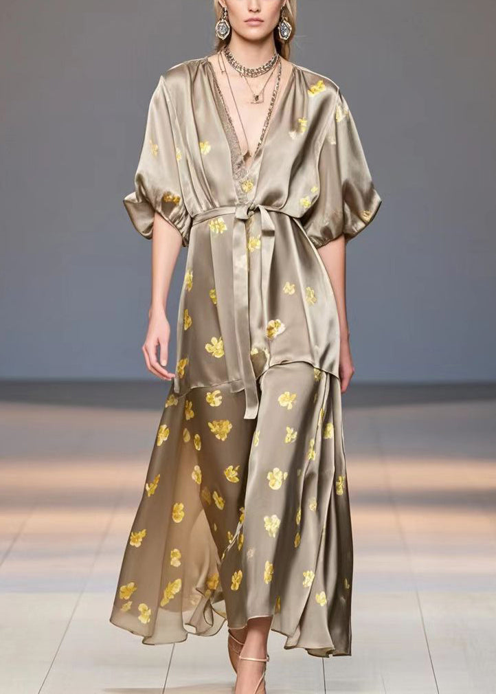 Brown V Neck Print Silk Dress Summer