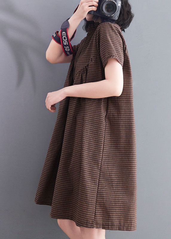 Brown Wrinkled Ruffled Plaid Cotton Dress Short Sleeve