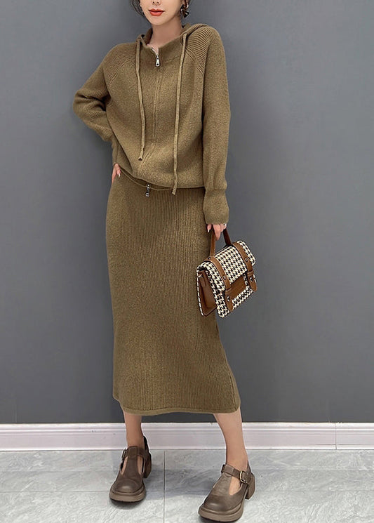 Brown Zippered Hooded Knit Sweaters and Maxi Skirts Two Piece Set Winter