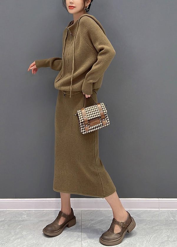 Brown Zippered Hooded Knit Sweaters and Maxi Skirts Two Piece Set Winter