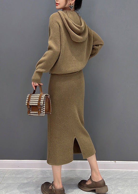 Brown Zippered Hooded Knit Sweaters and Maxi Skirts Two Piece Set Winter