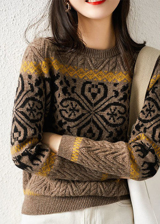 Camel O-neck Thick Print Knit Sweaters Long Sleeve