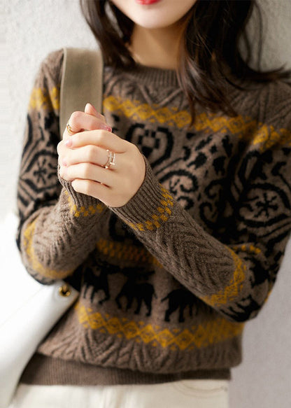Camel O-neck Thick Print Knit Sweaters Long Sleeve