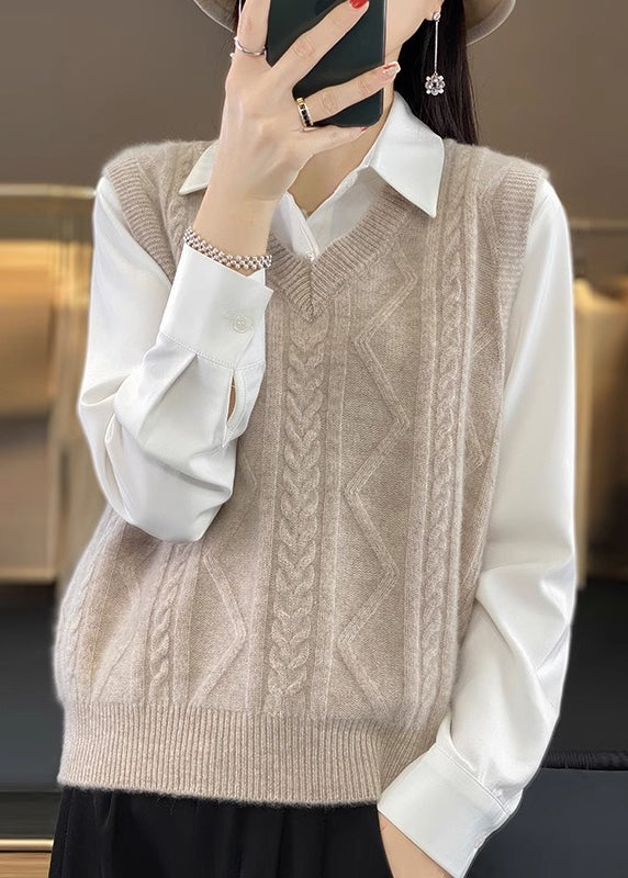 Camel V Neck Thick Cable Wool Knit Waistcoat Fall