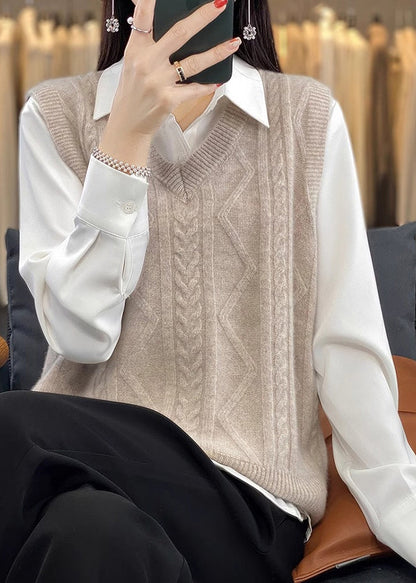 Camel V Neck Thick Cable Wool Knit Waistcoat Fall