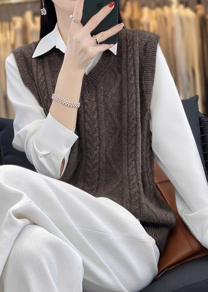 Camel V Neck Thick Cable Wool Knit Waistcoat Fall