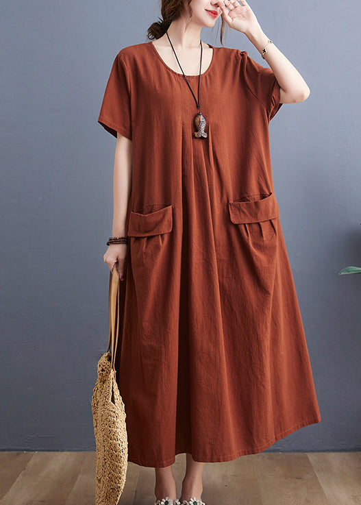 Caramel O-neck Wrinkled Pockets Linen Dress Short Sleeve