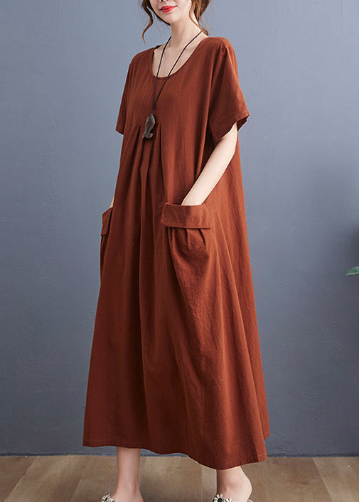 Caramel O-neck Wrinkled Pockets Linen Dress Short Sleeve