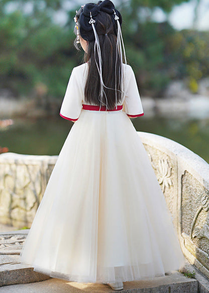 Champagne V Neck Embroideried Patchwork Tie Waist Tulle Long Dresses Summer
