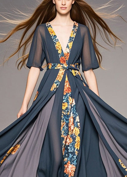Charcoal Grey Cinched Patchwork Exra Large Hem Chiffon Dresses Summer