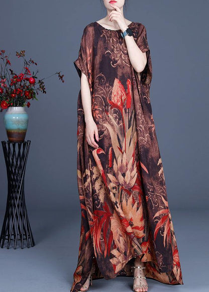 Chocolate Print Silk Asymmetrical Design Low High Design Dresses Summer