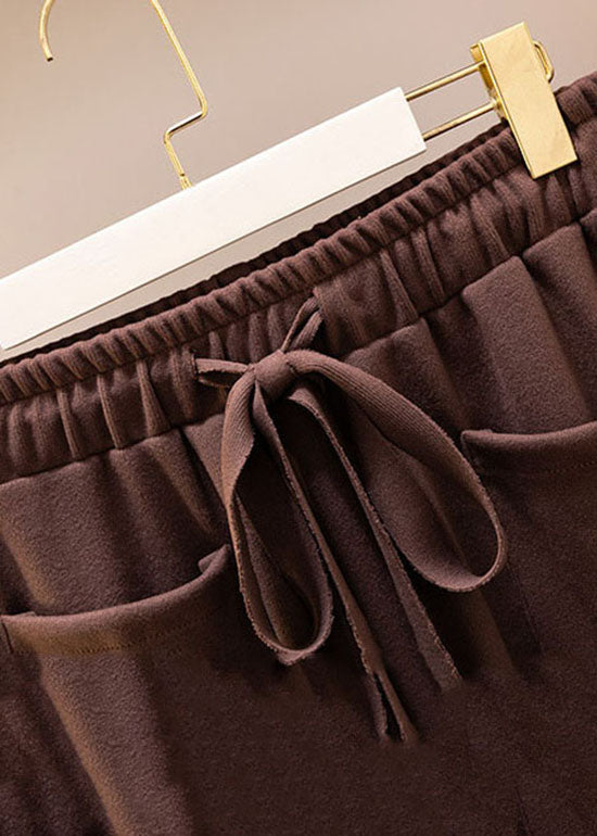 Coffee Drawstring Pockets Patchwork Cotton a Iine Skirts Fall