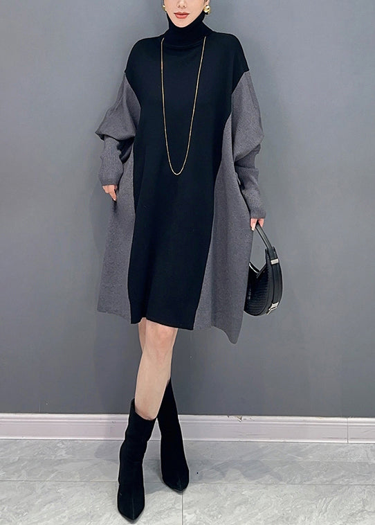 Coffee Hign Neck Patchwork Cotton Mid Dress Batwing Sleeve