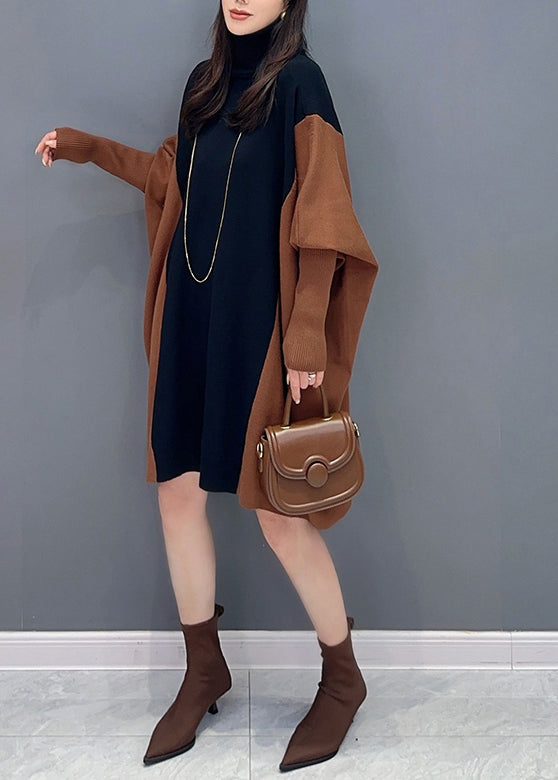 Coffee Hign Neck Patchwork Cotton Mid Dress Batwing Sleeve