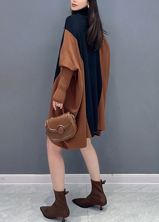 Coffee Hign Neck Patchwork Cotton Mid Dress Batwing Sleeve
