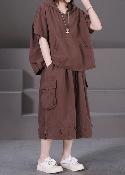 Coffee Hooded Pockets Patchwork Cotton Two Pieces Set Summer