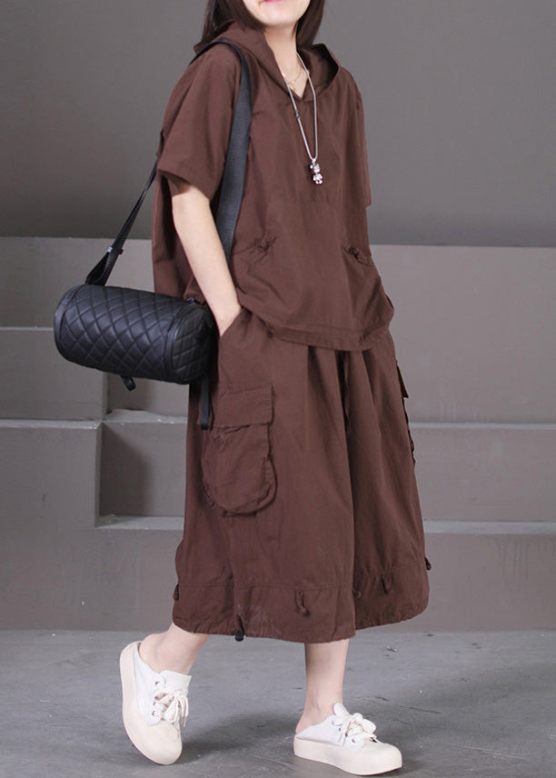 Coffee Hooded Pockets Patchwork Cotton Two Pieces Set Summer