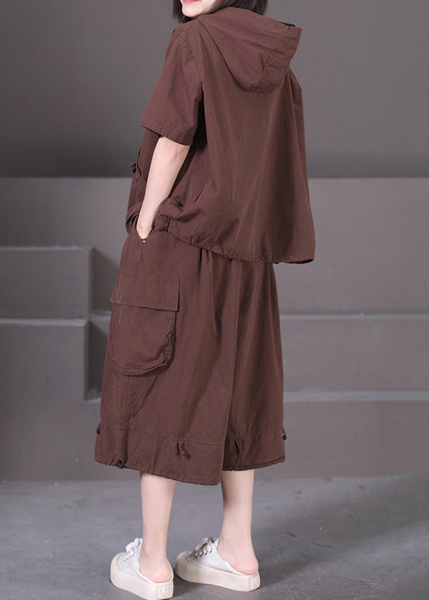 Coffee Hooded Pockets Patchwork Cotton Two Pieces Set Summer