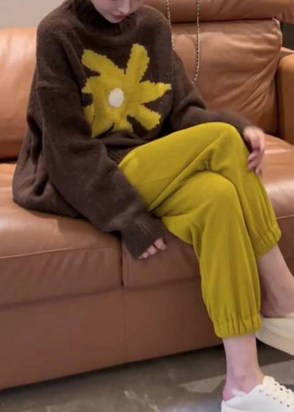 Coffee O Neck Knit Sweaters and Yellow Pants Two Pieces Set Fall