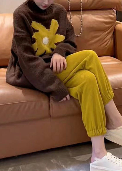 Coffee O Neck Knit Sweaters and Yellow Pants Two Pieces Set Fall