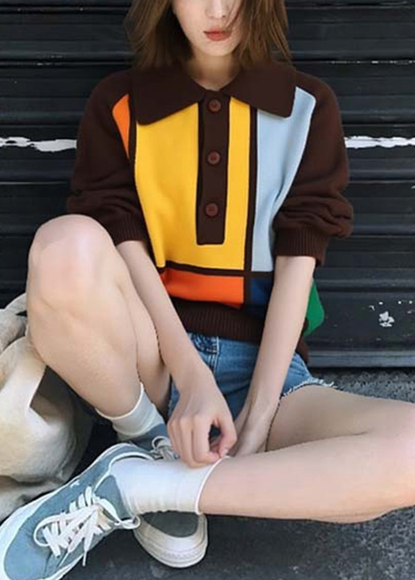 Coffee Peter Pan Collar Button Patchwork Knit Sweaters Fall