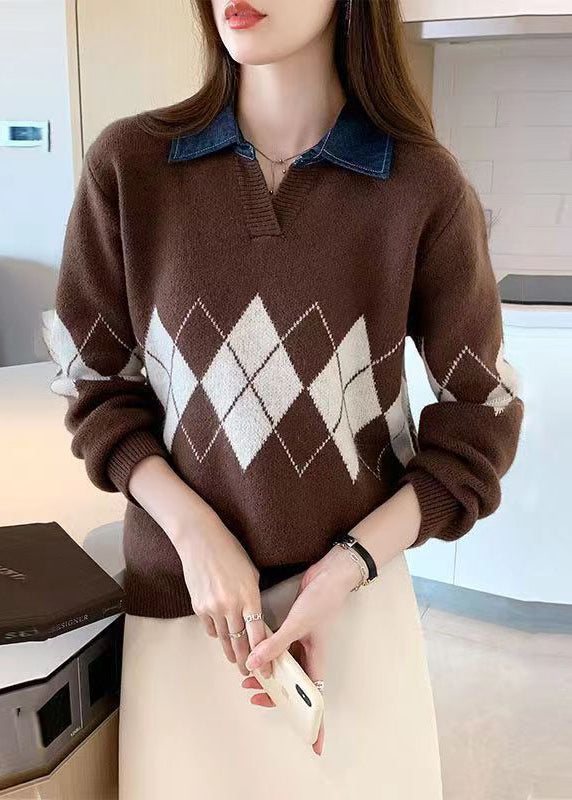 Coffee Peter Pan Collar Geometric Patchwork Knit Blouses Fall
