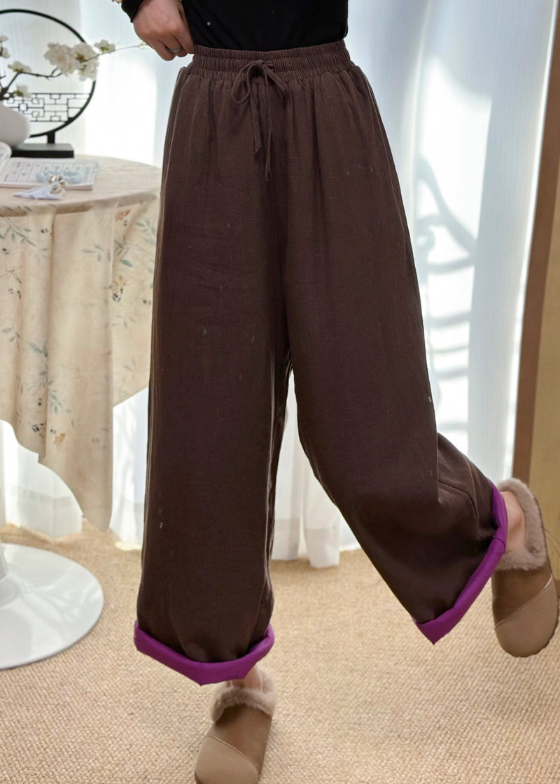 Coffee Pockets Elastic Waist Fine Cotton Filled Pants Winter